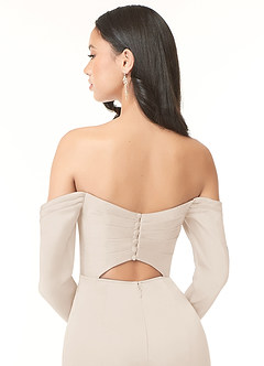 Azazie Hallie Bridesmaid Dresses White Alabaster Sheath Off-The-Shoulder Long Sleeve Stretch Satin Convertible Dress image7
