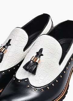 front Men's Mixed Leather Tassel Studded Loafers