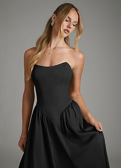 Azazie Arden At-home Try On Dresses Black A-Line Corset Stretch Satin Dress image3