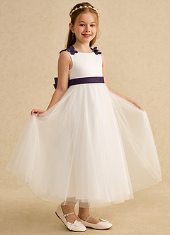 Azazie Lilli Blumenmädchenkleider A-Linie Schleifen Tüll Kleid Elfenbein Pflaumenviolett image1