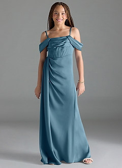 Azazie Amyra Junior Bermuda Sheath Off the Shoulder Stretch Satin Dress image1