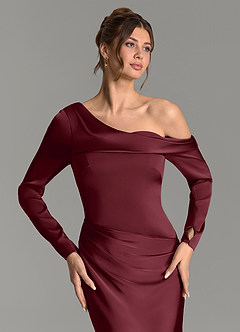 Azazie Sandra Vestidos de damas de honor Vestido Cabernet de Satén Elástico de Corte Sirena con Manga larga image7