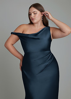 Azazie Emerson Bridesmaid Dresses Dark Navy Mermaid Off the Shoulder Stretch Satin Dress image10