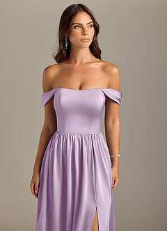 Azazie Calianna Bridesmaid Dresses Frosted Lilac A-Line Off the Shoulder Stretch Satin Convertible Dress image4