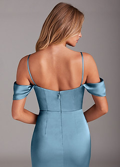 Azazie Saige Jurken voor bruidsmeisjes Jurk van Stretch Satijn met Kolom Off the Shoulder Staal Blauw image8