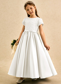 Azazie Cashew Flower Girl Dresses Ivory Ball-Gown with Sleeves Matte Satin Dress image3