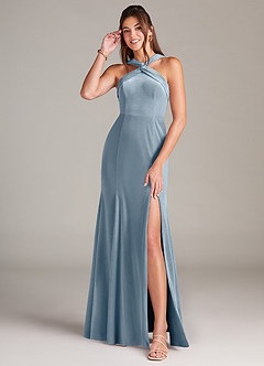 Azazie Rue Robes de demoiselle d'honneur Robe Trapèze en velours Plissée Bleu Poussiéreux image3