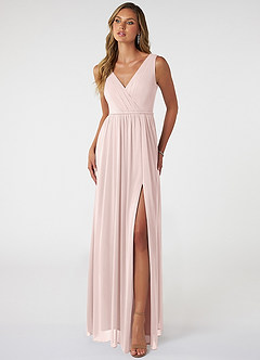 Azazie Tanicia Bridesmaid Dresses Blushing Pink A-Line V-Neck Pleated Mesh Dress image5
