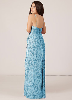 Azazie Kaylee Junior Blue Fern Floral A-Line with Belt Chiffon Dress image5