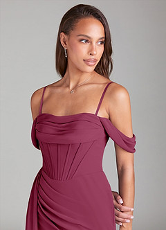 Azazie Amyra Bridesmaid Dresses Mulberry Sheath Off the Shoulder Chiffon Convertible Dress image7