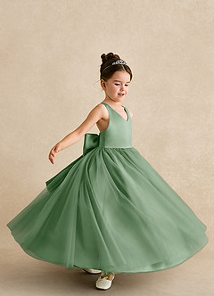 Azazie Peanut Robe Demoiselle D'honneur Fillette Robe Trapèze en Tulle Bretelle Matcha image5