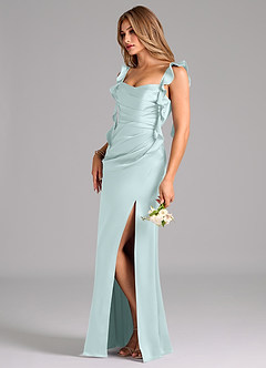 Azazie Jessamine Bridesmaid Dresses Sea Glass A-Line Corset Stretch Satin Dress image5