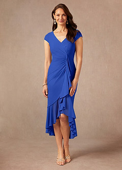 Azazie Renetta Mère de la mariée Robes Robe Fourreau en Maille Col V plissé Bleu Roi image4