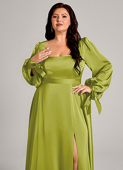 Azazie Leonia Jurken voor bruidsmeisjes Jurk van Stretch Satijn met A-Lijn Lange mouw Citroengras image9