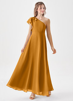 Azazie Arabella Junior Robe Trapèze en Mousseline de soie Rayé Caramel écossais image4