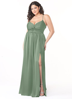 Azazie Raya At-home Try On Dresses Matcha A-Line V-Neck Pleated Stretch Satin Dress image9