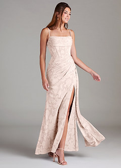 Azazie Denisa Bridesmaid Dresses Blushing Pink Sheath Pleated Floral Burnout Dress image4