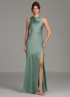 Azazie Kiara Bridesmaid Dresses Silver Sage Mermaid Pleated Stretch Satin Dress image4