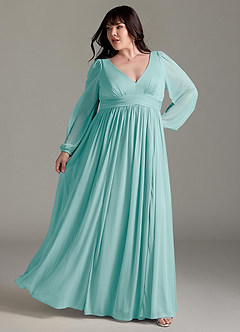 Azazie Norah Bridesmaid Dresses Aqua A-Line V-Neck Long Sleeve Chiffon Dress image8
