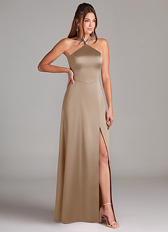 Azazie Elliana Robes de demoiselle d'honneur Robe Fourreau en Satin extensible Fente Latérale Taupe image3
