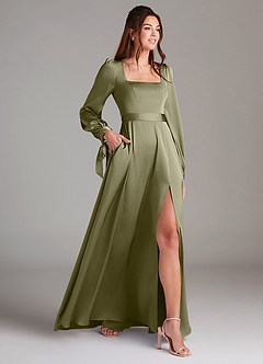 Azazie Leonia Brautjungfernkleider A-Linie Langarm Stretch-Satin Kleid Pistazie image4