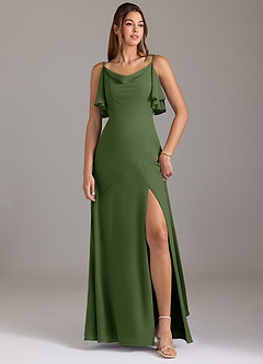 Azazie Darcia Bridesmaid Dresses Olive A-Line Side Slit Chiffon Dress image1