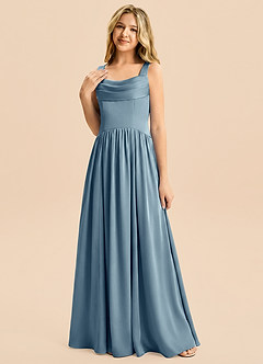 Azazie Drew Junior Robe Trapèze en Satin extensible Plissé Bleu Poussiéreux image3