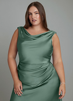 Azazie Kieryn Bridesmaid Dresses Eucalyptus Mermaid Pleated Stretch Satin Dress image11