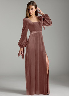 Azazie Leonia Robes de demoiselle d'honneur Robe Trapèze en velours Manche longue Rustikale Rose image4