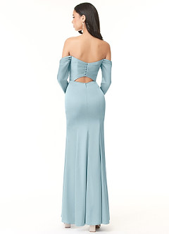 Azazie Hallie Bridesmaid Dresses Moody Blue Sheath Off-The-Shoulder Long Sleeve Stretch Satin Convertible Dress image3