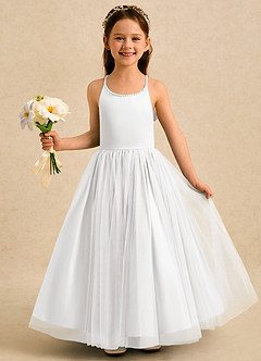 Azazie Aurora Blumenmädchenkleider A-Linie Schleifen Tüll Kleid Weiß image3