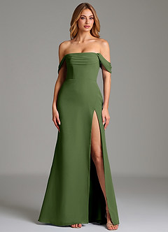 Azazie Riley Robes de demoiselle d'honneur Robe Fourreau Convertible en Mousseline de soie Épaule décolletée Olive image4