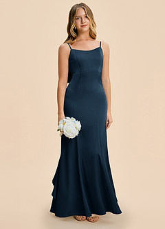 Azazie Lioren Junior Dark Navy Sheath Bow Stretch Satin Dress image2