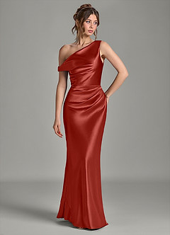 Azazie Emerson Bridesmaid Dresses Rust Mermaid Off the Shoulder Metallic Satin Dress image4
