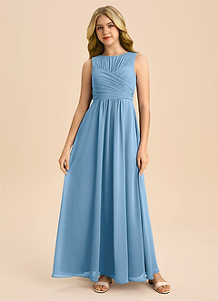 Azazie Skyla Junior Steel Blue A-Line Pleated Chiffon Dress image2
