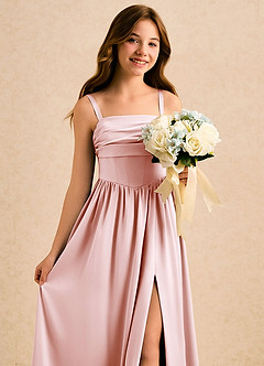 Azazie Maisie Girls Formal Robe Demoiselle D'honneur Fillette Robe Trapèze en Satin extensible Rayé Rose Pâle image5