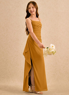 Azazie Cannoli Girls Formal Robe Demoiselle D'honneur Fillette Robe Trapèze en Mousseline de soie Plissée Caramel écossais image4