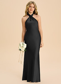 Azazie Chickie Junior Black Sheath Pleated Stretch Satin Dress image3