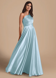 Azazie Charlize Vestidos de damas de honor Vestido de Azul Cielo de Satén Metálico de Corte en A con Hombro unilateral image4