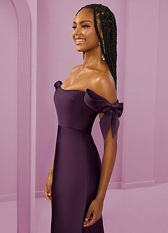 Barbie ♥ Azazie Bridesmaid Dresses Plum Sheath Off the Shoulder Stretch Satin Convertible Dress image12