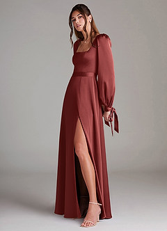 Azazie Leonia Bridesmaid Dresses Terracotta A-Line Long Sleeve Stretch Satin Dress image5