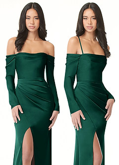 Azazie Hallie Bridesmaid Dresses Emerald Sheath Off-The-Shoulder Long Sleeve Stretch Satin Convertible Dress image9