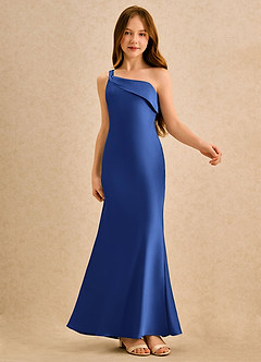 Azazie Almond Girls Formal Sukienki dla dziewczynek sypiących kwiaty Osłona Jedno ramię Satyna elastyczna Długość podłogi Sukienka image6
