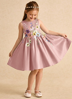 Azazie Prima vestidos de niña de las flores Vestido Oro Rosa de Satin Mate de Corte en A con Lazo image3