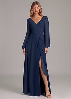 Azazie Simone Bridesmaid Dresses Dark Navy A-Line Long Sleeve Chiffon Dress image3