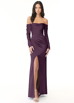 Azazie Hallie Bridesmaid Dresses Plum Mermaid Off-The-Shoulder Long Sleeve Stretch Satin Convertible Dress image3
