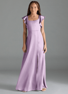 Azazie Bondi Junior Frosted Lilac A-Line Side Slit Stretch Satin Dress image1