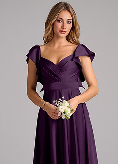 Azazie Leilani Bridesmaid Dresses Grape A-Line Ruched Stretch Satin Dress image5