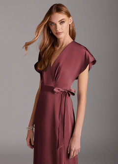 Azazie Nico Jurken voor bruidsmeisjes Jurk van Stretch Satijn met A-Lijn V-hals Merlot image6