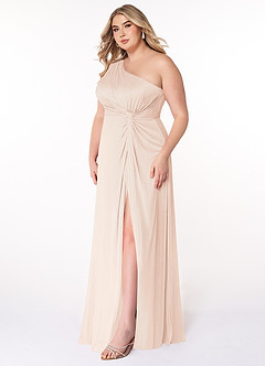Azazie Brooke Bridesmaid Dresses Blushing Pink A-Line One Shoulder Mesh Dress image8